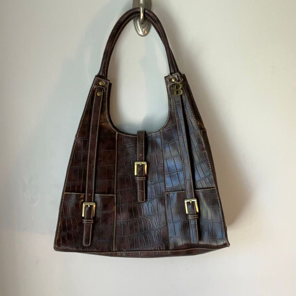 Bugatti Vintage Brown Croc Embossed Leather Shoulder Bag.